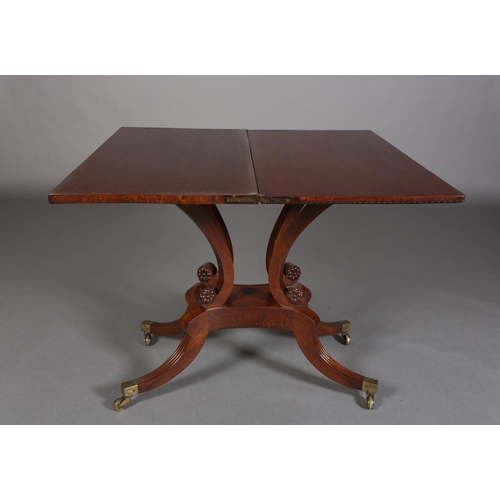 346 - A MID 19TH CENTURY MAHOGANY TEA TABLE, rectangular fold over top with egg and dart rim, on four scro... 