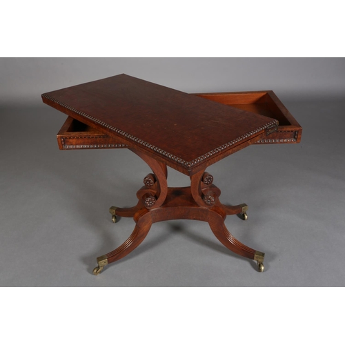 346 - A MID 19TH CENTURY MAHOGANY TEA TABLE, rectangular fold over top with egg and dart rim, on four scro... 