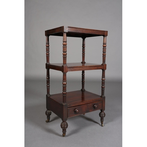 347 - A MID 19TH CENTURY MAHOGANY WHAT-NOT, rectangular, having two shelves with turned uprights, above a ... 