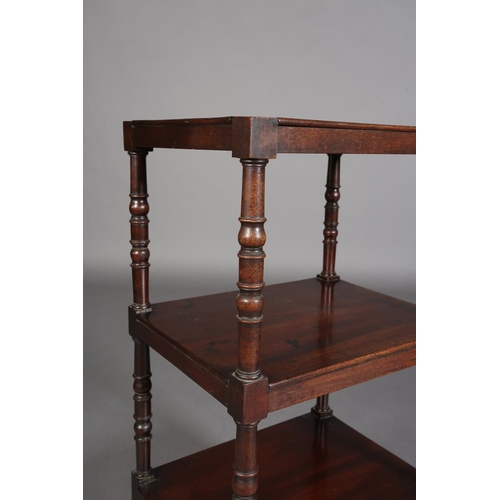 347 - A MID 19TH CENTURY MAHOGANY WHAT-NOT, rectangular, having two shelves with turned uprights, above a ... 