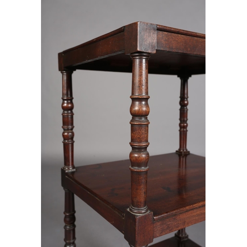 347 - A MID 19TH CENTURY MAHOGANY WHAT-NOT, rectangular, having two shelves with turned uprights, above a ... 