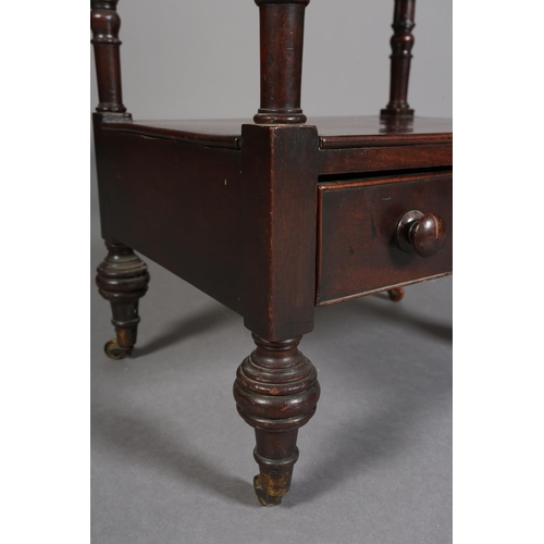 347 - A MID 19TH CENTURY MAHOGANY WHAT-NOT, rectangular, having two shelves with turned uprights, above a ... 