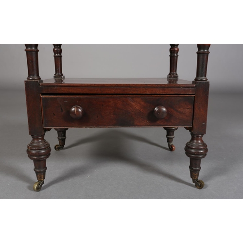 347 - A MID 19TH CENTURY MAHOGANY WHAT-NOT, rectangular, having two shelves with turned uprights, above a ... 