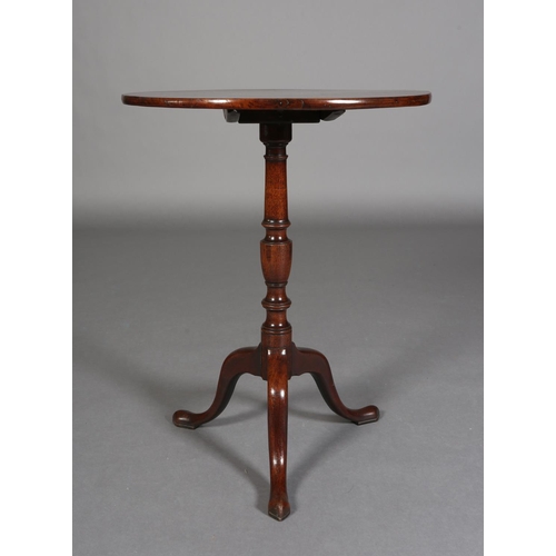 349 - A 19TH CENTURY MAHOGANY TILT TOP TABLE, circular, on a vase turned column on tripod base with pad fe... 