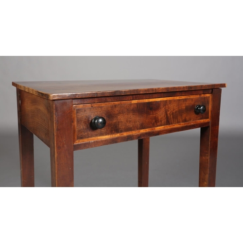 350 - AN EARLY 19TH CENTURY FIGURED MAHOGANY AND SATINWOOD CROSSBANDED TABLE, having a frieze drawer with ... 