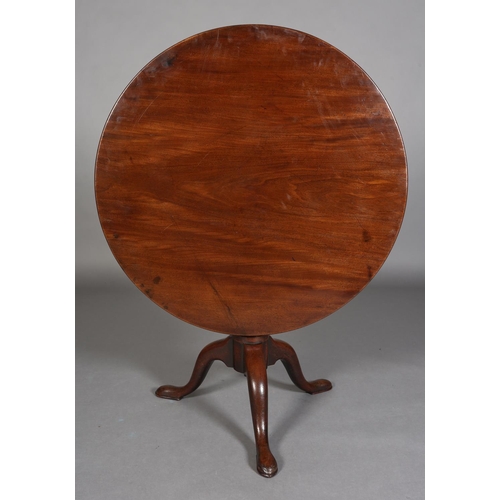 352 - A GEORGE III MAHOGANY 'BIRD CAGE' TILT TOP TABLE, circular, barrel turned pedestal on three cabriole... 