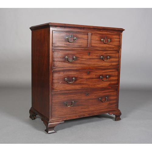 353 - A GEORGE III MAHOGANY CHEST of two short and three long graduated cockbeaded drawers with brass swin... 