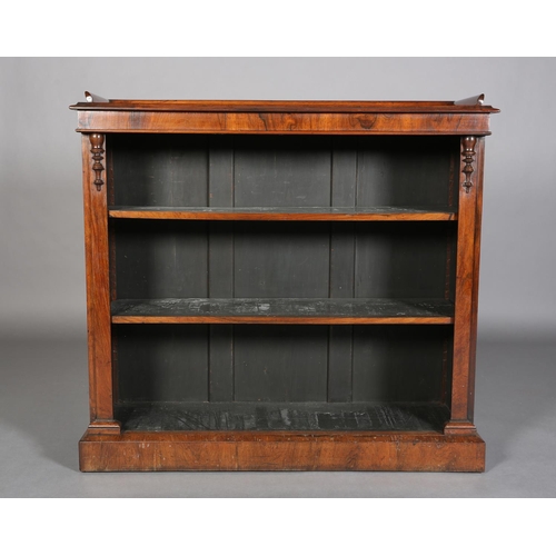 354 - A VICTORIAN ROSEWOOD OPEN BOOKCASE, having a three quarter gallery above two adjustable shelves, fla... 