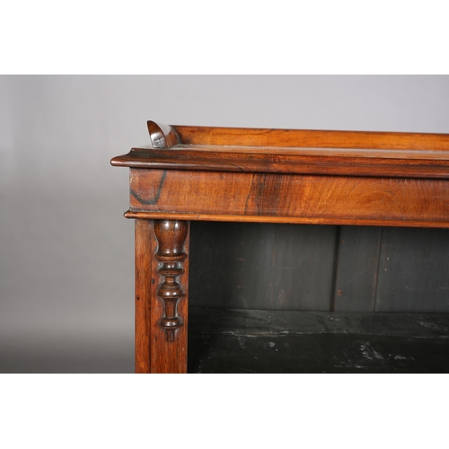 354 - A VICTORIAN ROSEWOOD OPEN BOOKCASE, having a three quarter gallery above two adjustable shelves, fla... 