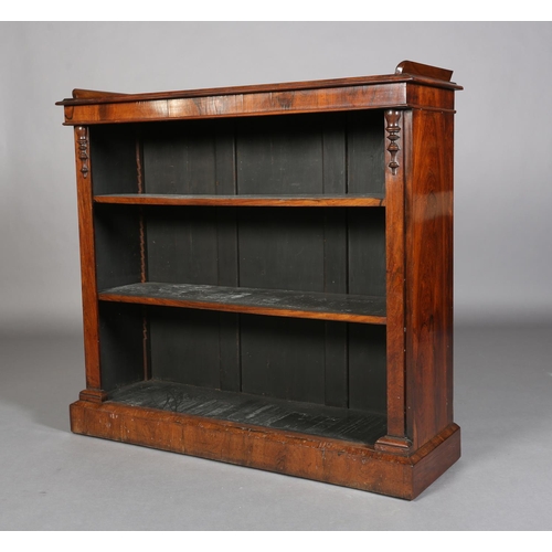 354 - A VICTORIAN ROSEWOOD OPEN BOOKCASE, having a three quarter gallery above two adjustable shelves, fla... 