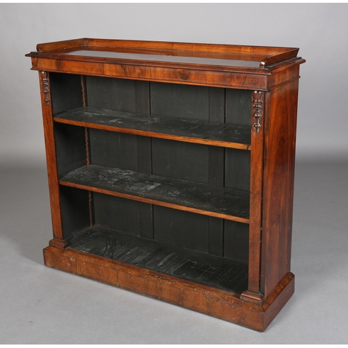 354 - A VICTORIAN ROSEWOOD OPEN BOOKCASE, having a three quarter gallery above two adjustable shelves, fla... 