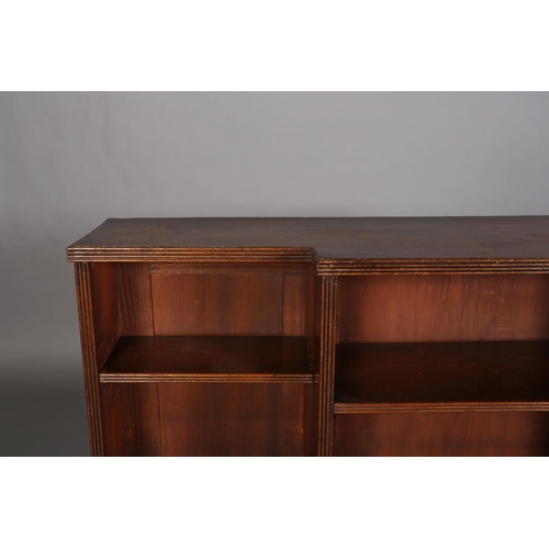 355 - A 19TH CENTURY MAHOGANY DWARF BREAKFRONT OPEN BOOKCASE, on vase turned feet, 131cm wide x 31cm deep ... 