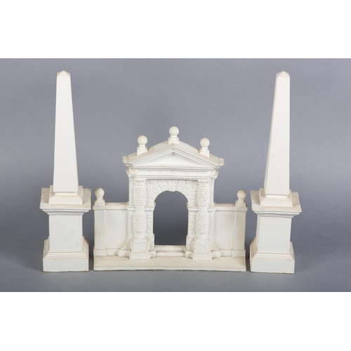 144 - HUGH COLVIN (b1948), Kent Gate, architectural model in white ceramic of gateway and pair of obelisks... 