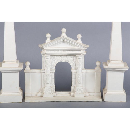 144 - HUGH COLVIN (b1948), Kent Gate, architectural model in white ceramic of gateway and pair of obelisks... 