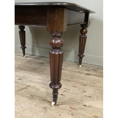 362 - A REPRODUCTION VICTORIAN MAHOGANY DINING TABLE on turned and reeded legs, brass caps and ceramic cas... 