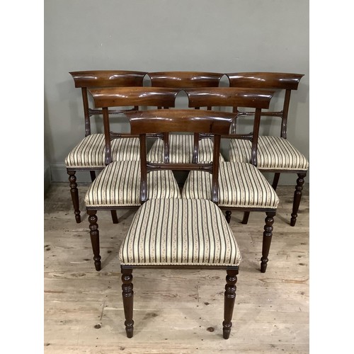 363 - A SET OF SIX REPRODUCTION VICTORIAN MAHOGANY DINING CHAIRS each having a bar back, tie rail, striped... 