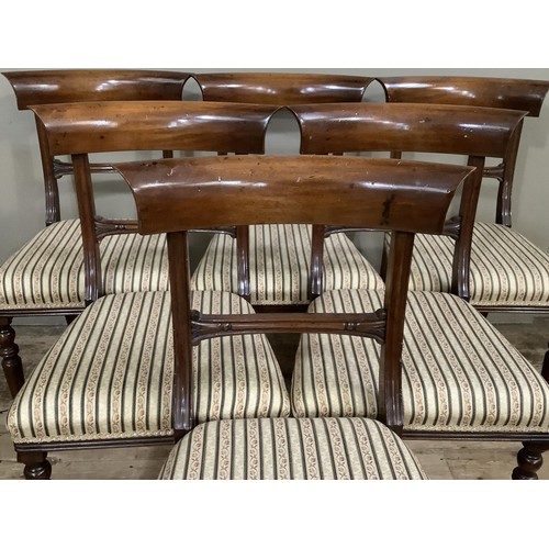 363 - A SET OF SIX REPRODUCTION VICTORIAN MAHOGANY DINING CHAIRS each having a bar back, tie rail, striped... 