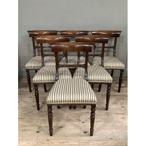 363 - A SET OF SIX REPRODUCTION VICTORIAN MAHOGANY DINING CHAIRS each having a bar back, tie rail, striped... 