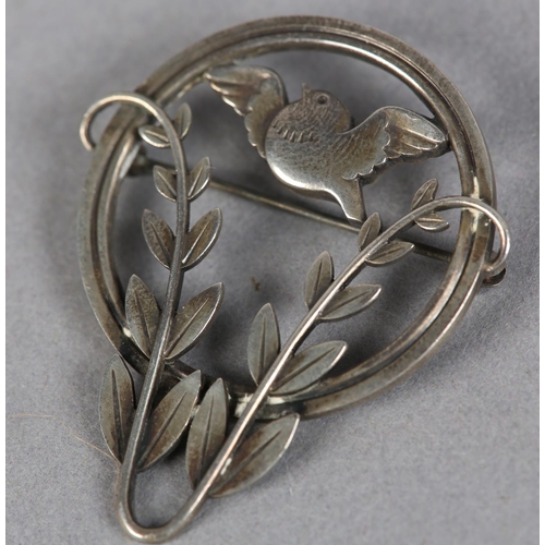 256 - A GEORG JENSEN 258 SILVER SONG BIRD AND LAUREL BROOCH designed by Arno Malinowski, approximately 43m... 