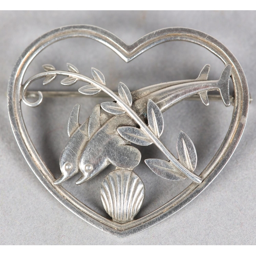 257 - A GEORG JENSEN 312 SILVER DOLPHIN AND SHELL HEART SHAPED BROOCH designed by Arno Malinowski, import ... 