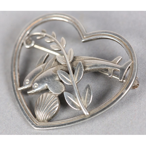 257 - A GEORG JENSEN 312 SILVER DOLPHIN AND SHELL HEART SHAPED BROOCH designed by Arno Malinowski, import ... 