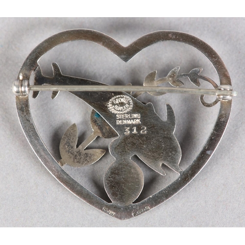 257 - A GEORG JENSEN 312 SILVER DOLPHIN AND SHELL HEART SHAPED BROOCH designed by Arno Malinowski, import ... 