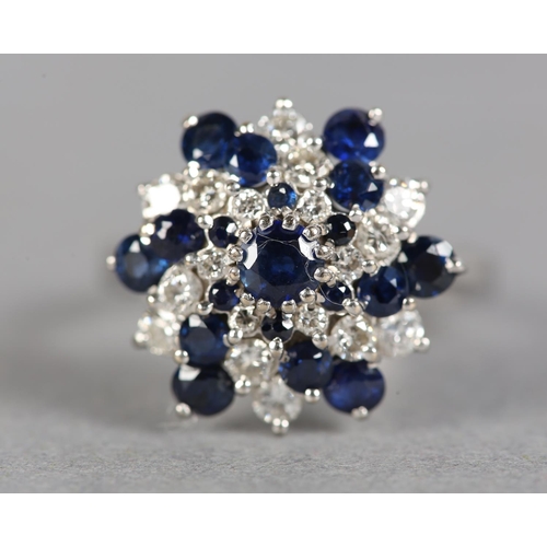 246 - A SAPPHIRE AND DIAMOND CLUSTER RING c.1970, the circular faceted sapphires and brilliant cut diamond... 