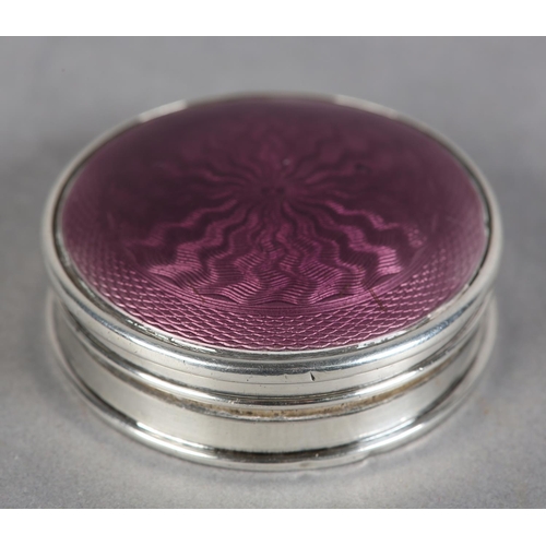 224 - A GEORGE V SILVER AND ENAMEL POWDER COMPACT, Birmingham 1927 Marson & Jones, the purple guilloche hi... 