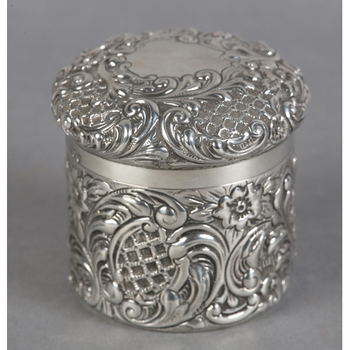 225 - A VICTORIAN SILVER TOILET JAR, London 1898 Drew & Sons, circular, all over foliate scroll embossed w... 