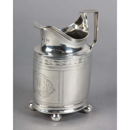 211 - A GEORGE III SILVER BRIGHTCUT CREAM JUG, London 1796, of oval outline with bracket handle, engraved ... 