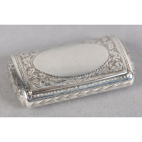 203 - A VICTORIAN SILVER SNUFF BOX, Birmingham 1880 Hillard & Thomason, cushion form, all over foliate eng... 