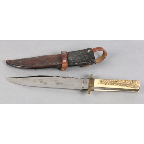 105 - A BOWIE KNIFE BY J E MIDDLETON & SONS ROCKINGHAM ST SHEFFIELD, clipped-back blade with filed back ed... 