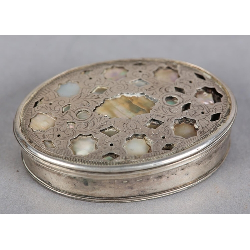 208 - A 19TH CENTURY CONTINENTAL SILVER AND MOTHER-OF-PEARL SNUFF BOX, with engraved and pierced oval hing... 