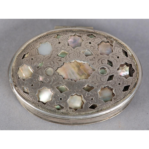 208 - A 19TH CENTURY CONTINENTAL SILVER AND MOTHER-OF-PEARL SNUFF BOX, with engraved and pierced oval hing... 