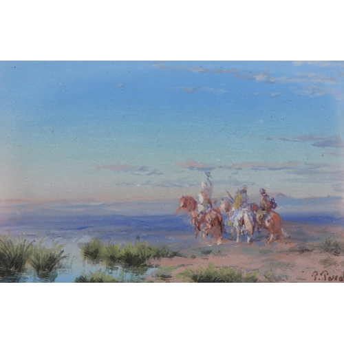 302 - PAUL B PASCAL (French 1832/39-1903/05), Travellers on horseback by an oasis, gouache, signed to lowe... 