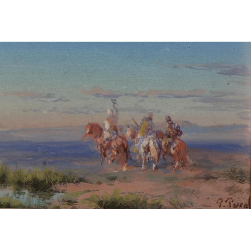 302 - PAUL B PASCAL (French 1832/39-1903/05), Travellers on horseback by an oasis, gouache, signed to lowe... 