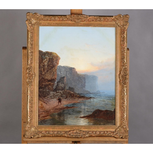 278 - GEORGE BLACKIE STICKS (1843-1938), Fisherman hauling nets on the shore below towering cliffs, oil on... 