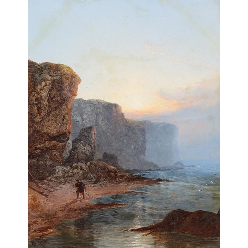 278 - GEORGE BLACKIE STICKS (1843-1938), Fisherman hauling nets on the shore below towering cliffs, oil on... 