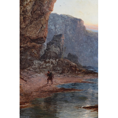 278 - GEORGE BLACKIE STICKS (1843-1938), Fisherman hauling nets on the shore below towering cliffs, oil on... 