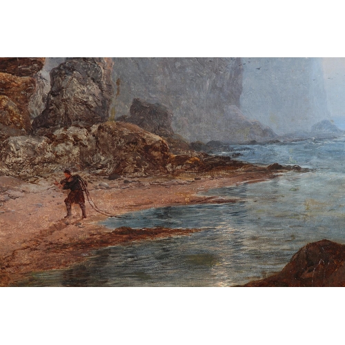 278 - GEORGE BLACKIE STICKS (1843-1938), Fisherman hauling nets on the shore below towering cliffs, oil on... 