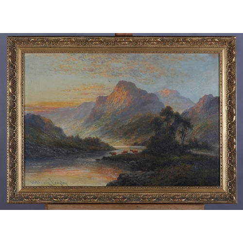 275 - WILLIAM LANGLEY (1880-1920), Lakeland Landscape with cattle watering at sunset, river landscape with... 