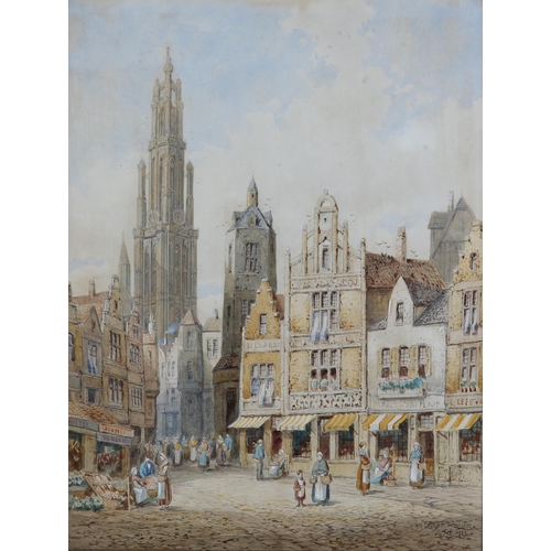 293 - HENRI SCHAFER (French 1833-1916), Antwerp, Belgium, Street scene with figures, watercolour, titled a... 