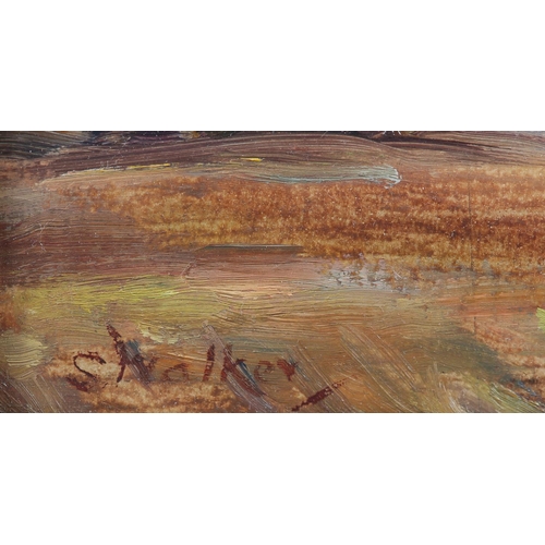 282 - S* WALKER (Late 19th centuty English), 'Autumn', impressionist landscape with autumn trees, oil on b... 