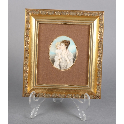 185 - CISSIE & SOPHIE CHALKER, A LATE 19TH CENTURY PORTRAIT MINIATURE OF MOTHER AND INFANT, half length, w... 