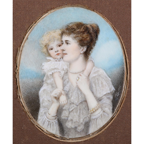 185 - CISSIE & SOPHIE CHALKER, A LATE 19TH CENTURY PORTRAIT MINIATURE OF MOTHER AND INFANT, half length, w... 