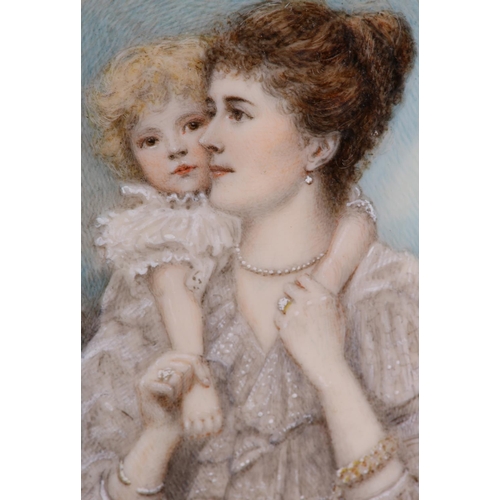 185 - CISSIE & SOPHIE CHALKER, A LATE 19TH CENTURY PORTRAIT MINIATURE OF MOTHER AND INFANT, half length, w... 