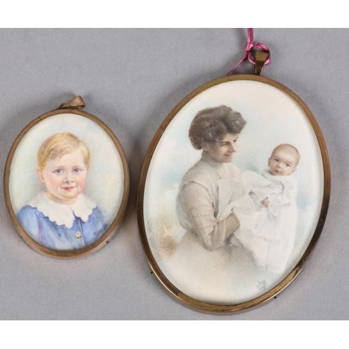 193 - A LATE 19TH/EARLY 20TH CENTURY PORTRAIT MINIATURE OF A MOTHER AND BABY, three-quarter length, initia... 