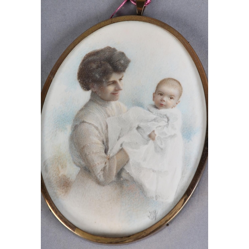 193 - A LATE 19TH/EARLY 20TH CENTURY PORTRAIT MINIATURE OF A MOTHER AND BABY, three-quarter length, initia... 