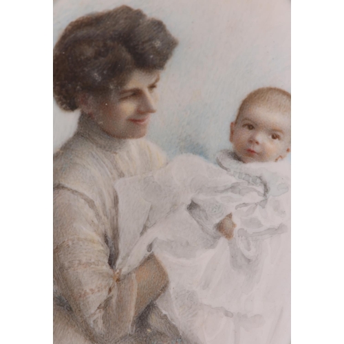 193 - A LATE 19TH/EARLY 20TH CENTURY PORTRAIT MINIATURE OF A MOTHER AND BABY, three-quarter length, initia... 