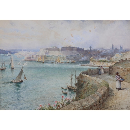 297 - CHARLES II ROBERTSON RWS (1844-1891), 'Plymouth', The fort, shipping and cliff side lane with figure... 